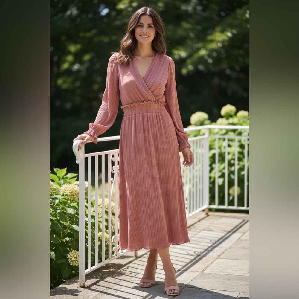 Zara Dusty Rose Pleated Wrap Maxi Dress Long Sleeve Smocked‎ Waist Medium*